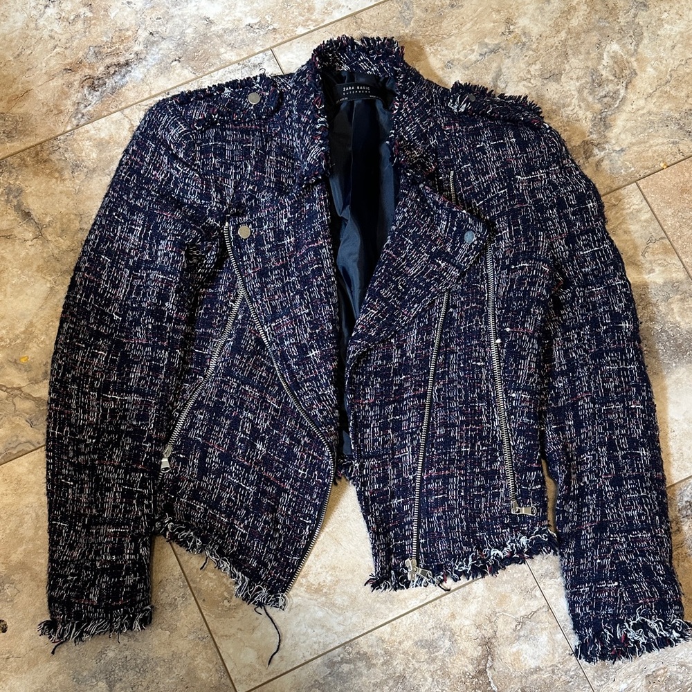 Zara Navy Tweed Biker Jacket